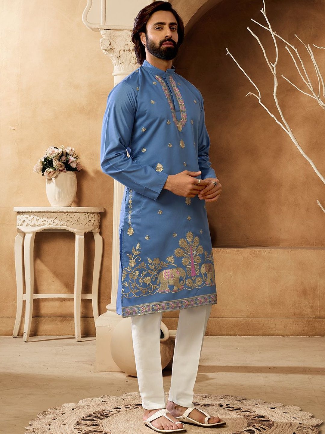 House of Pataudi Embroidered Cotton Mandarin Collar Knee Length Straight Kurtas