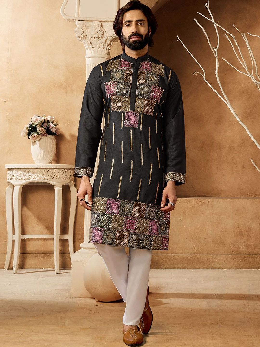 House of Pataudi Embroidered Cotton Mandarin Collar Knee Length Straight Kurtas