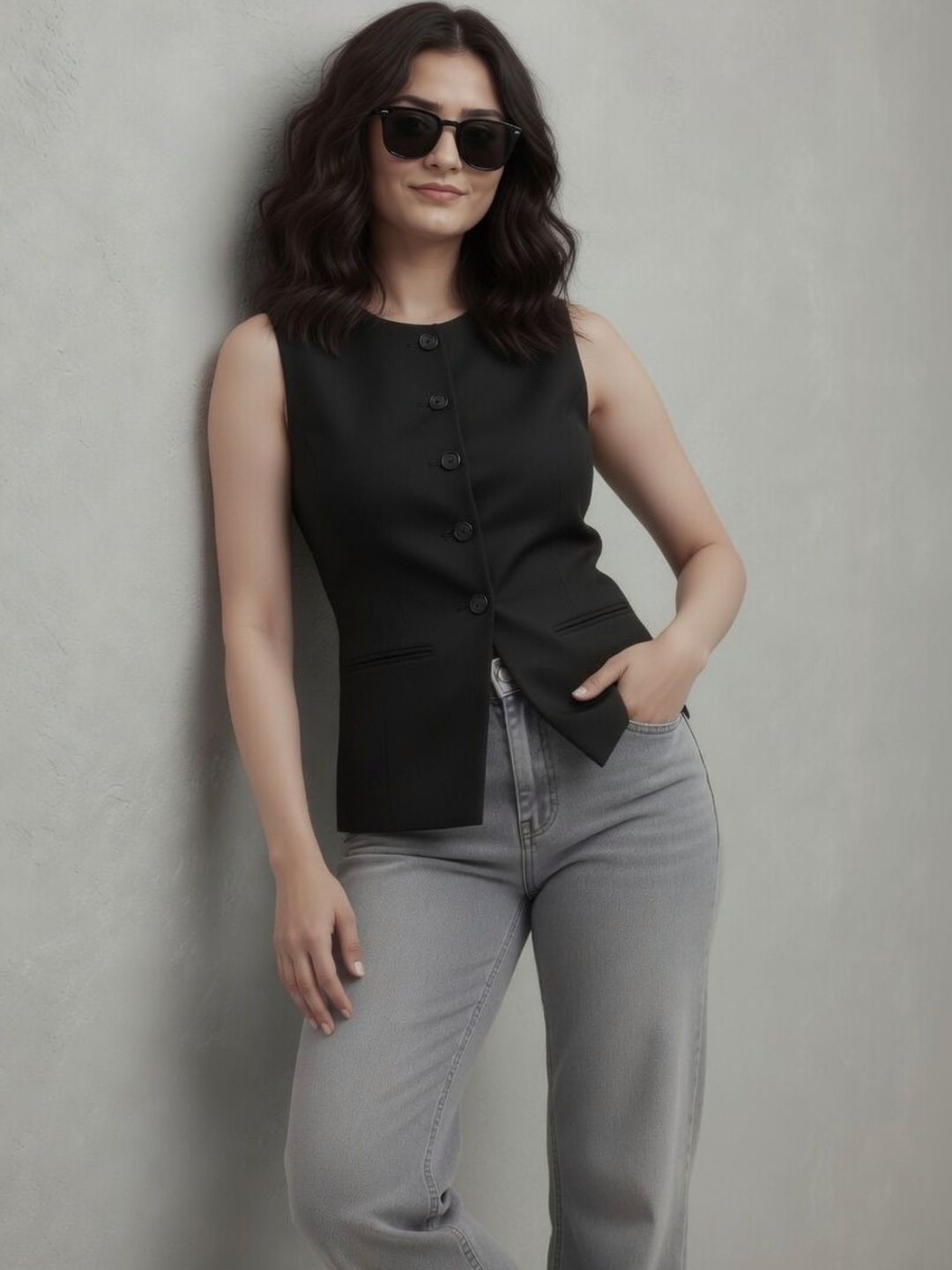 Moda Rapido Women Black Solid Formal Sleeveless Slim Fit Waistcoat