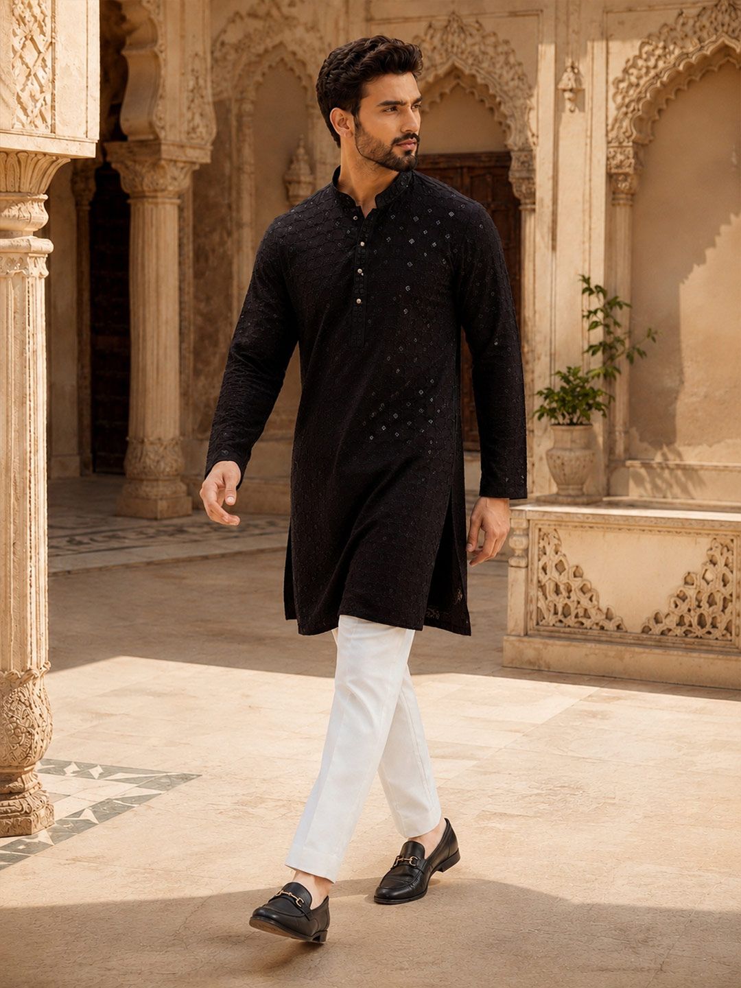 HERE&NOW Geometric Embroidered Sequinned Mandarin Collar Straight Kurta