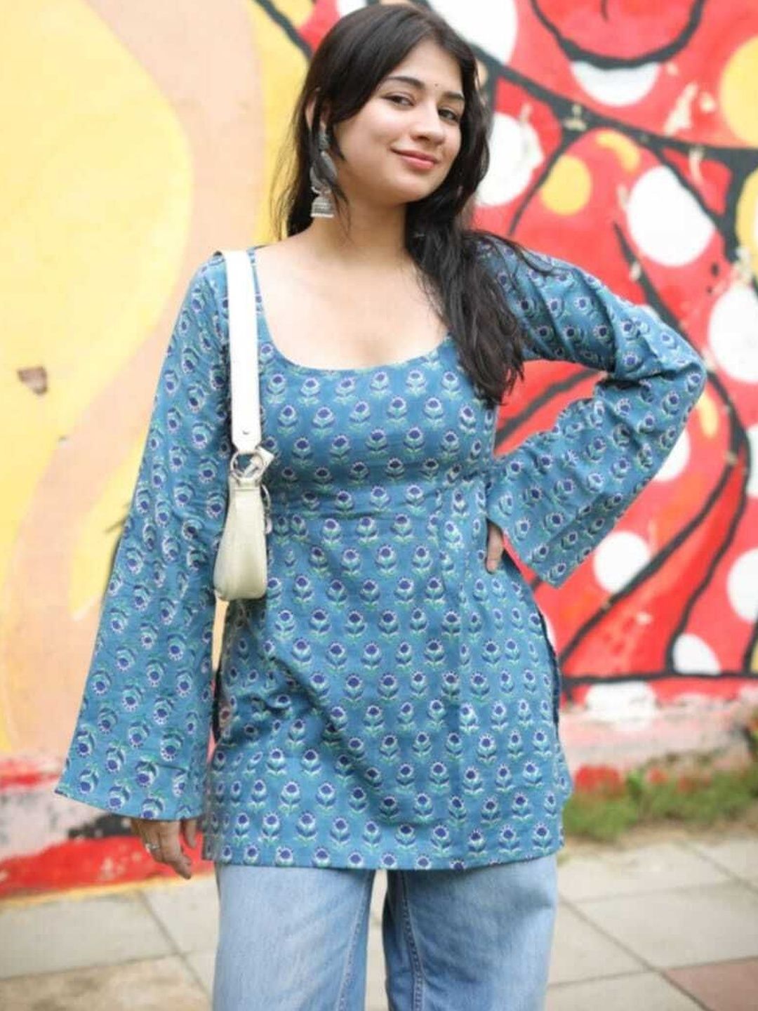 Bhawana Fashion Floral Printed Square Neck Flared Sleeves Kurti