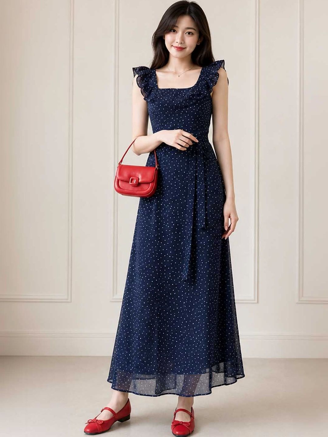 DressBerry DressBerry Polka Dot Print Flutter Sleeve Ruffled Fit & Flare Maxi Dress