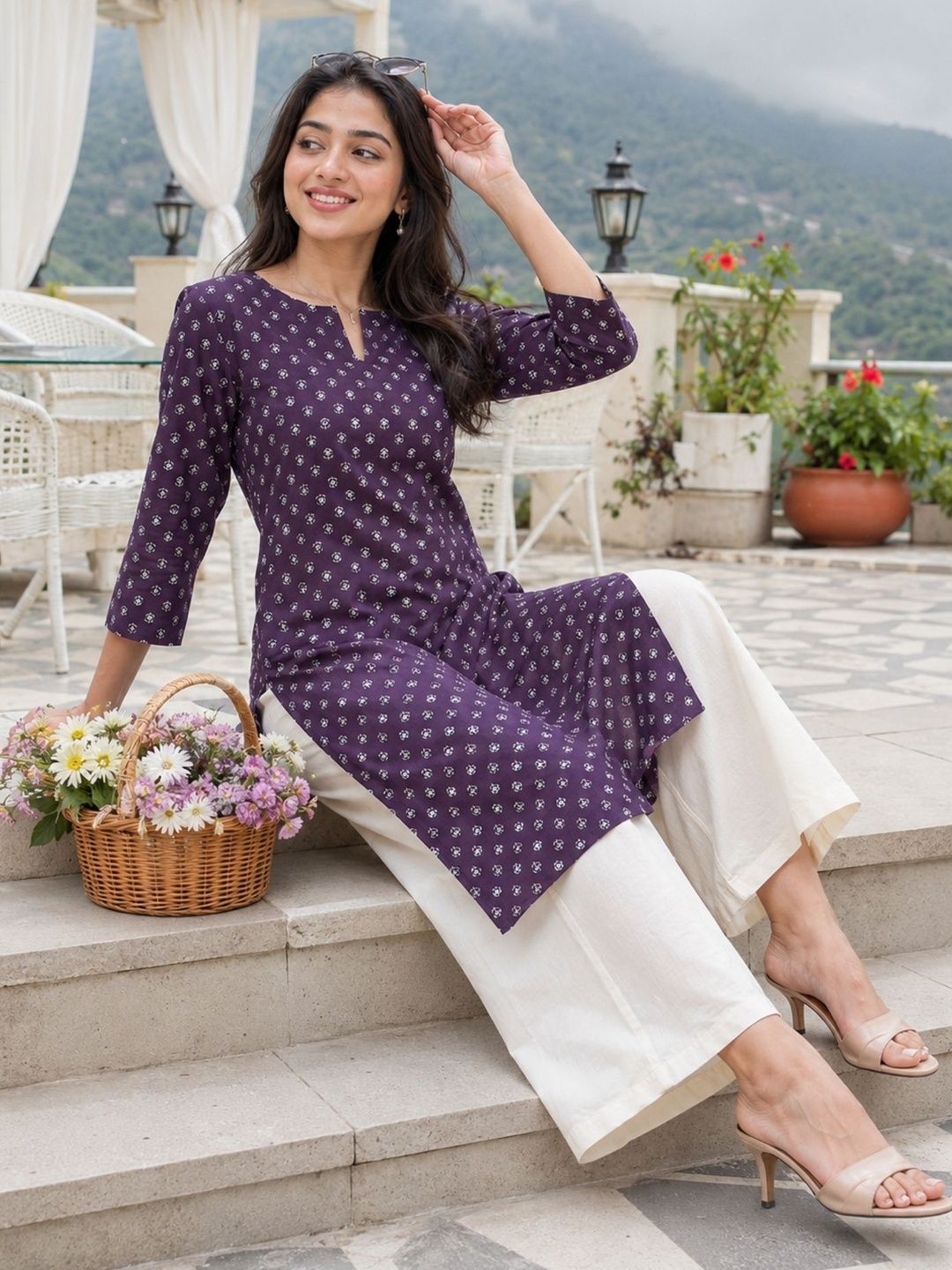 Sangria Printed Cotton Round Neck Calf Length Straight Kurtas