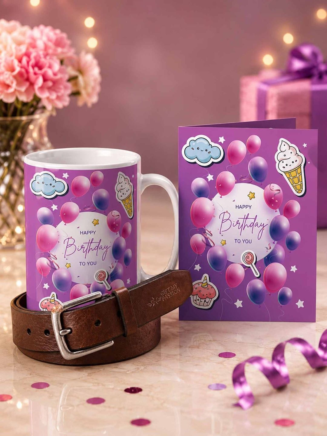 GIFT MY PASSION Set of 3 Belt Birthday Greeting Card & Coffee Mug - 350 ml