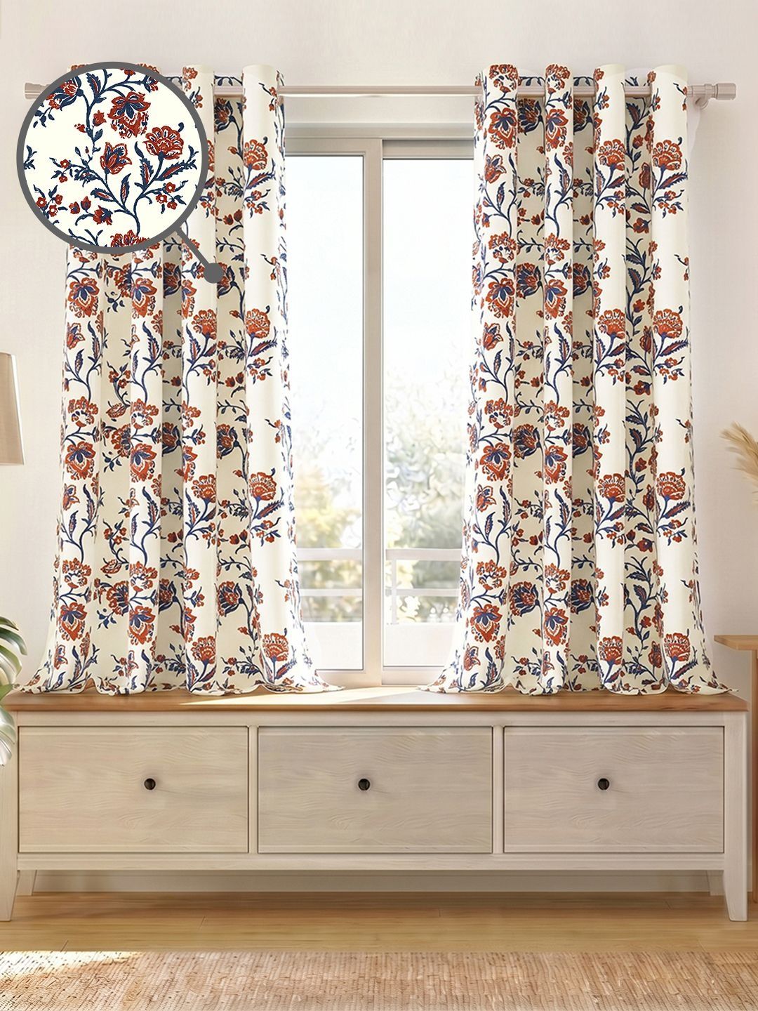 Story@home Story@home White & Red Set of 2 Floral Room Darkening Window Curtain