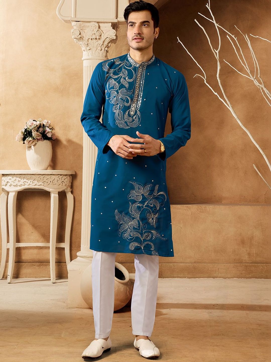 House of Pataudi House of Pataudi Embroidered Cotton Mandarin Collar Calf Length Straight Kurtas