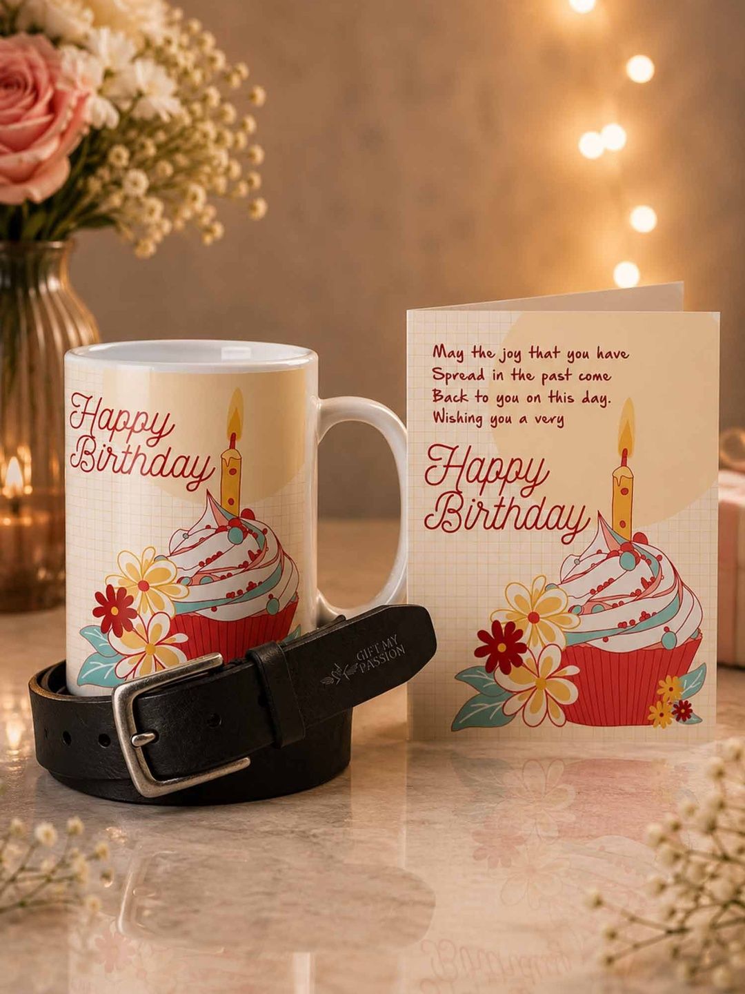 GIFT MY PASSION Set of 3 Belt Birthday Greeting Card & Coffee Mug - 350 ml