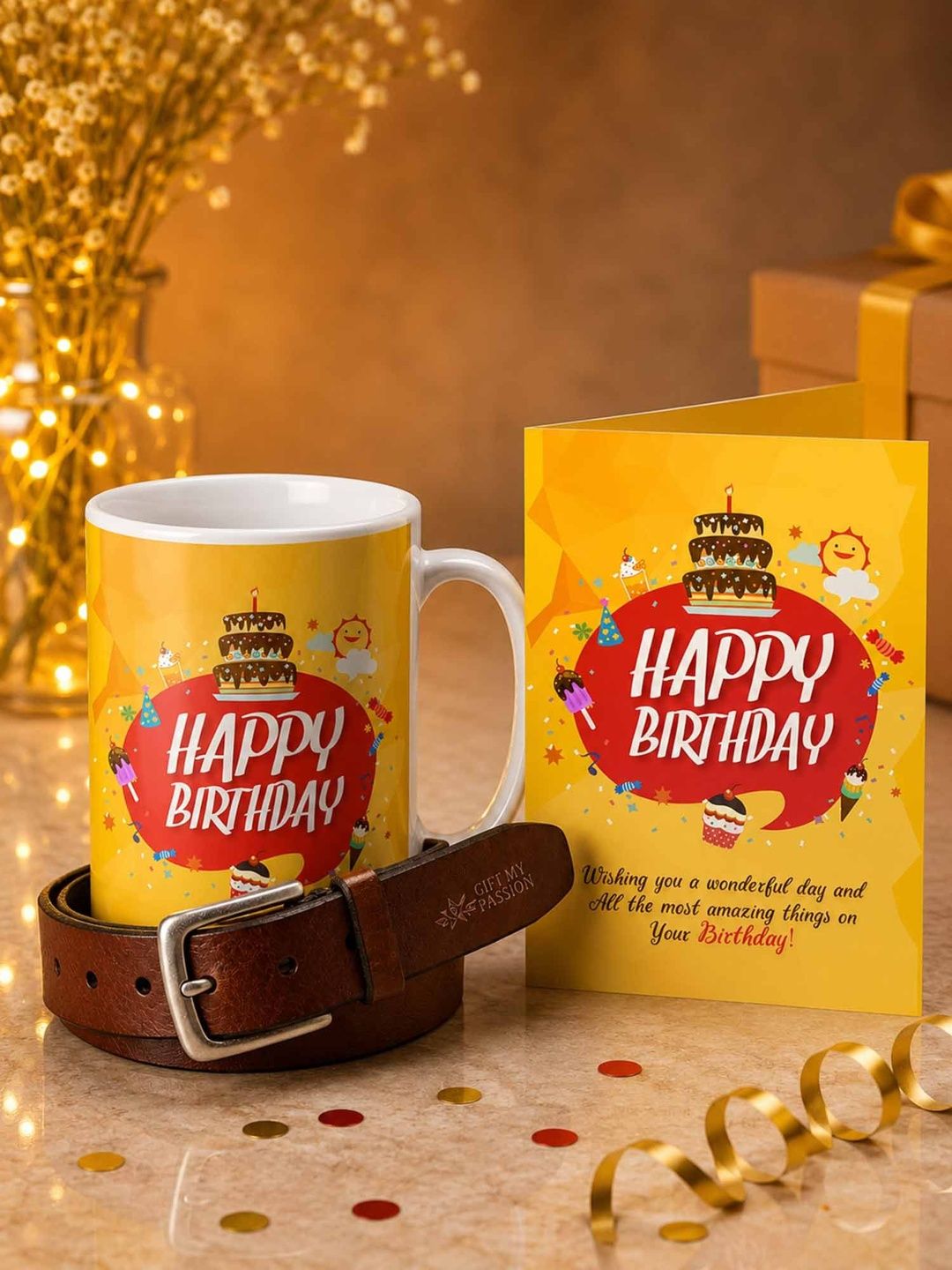 GIFT MY PASSION Set of 3 Belt Birthday Greeting Card & Coffee Mug - 350 ml