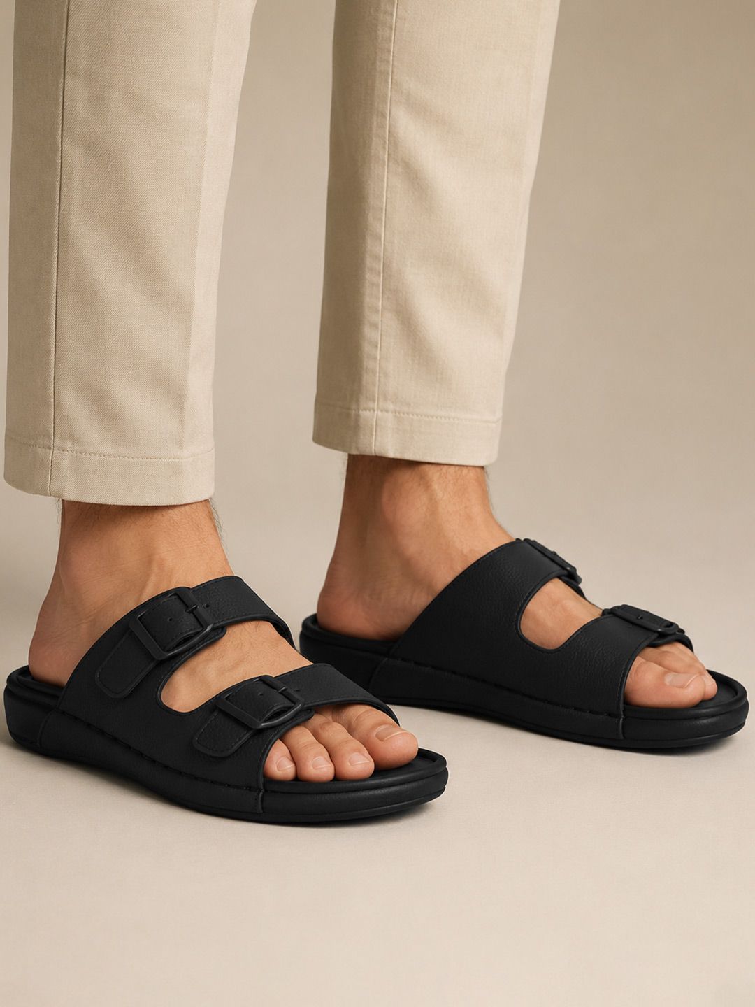 San Frissco Men Black Double Buckle Strap Sandals With Durable Sole And Comfort Insole