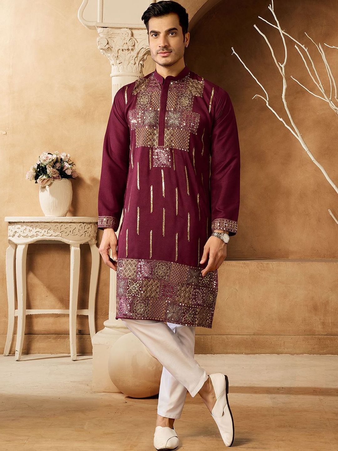 House of Pataudi Embellished Cotton Band Collar Calf Length Straight Kurtas