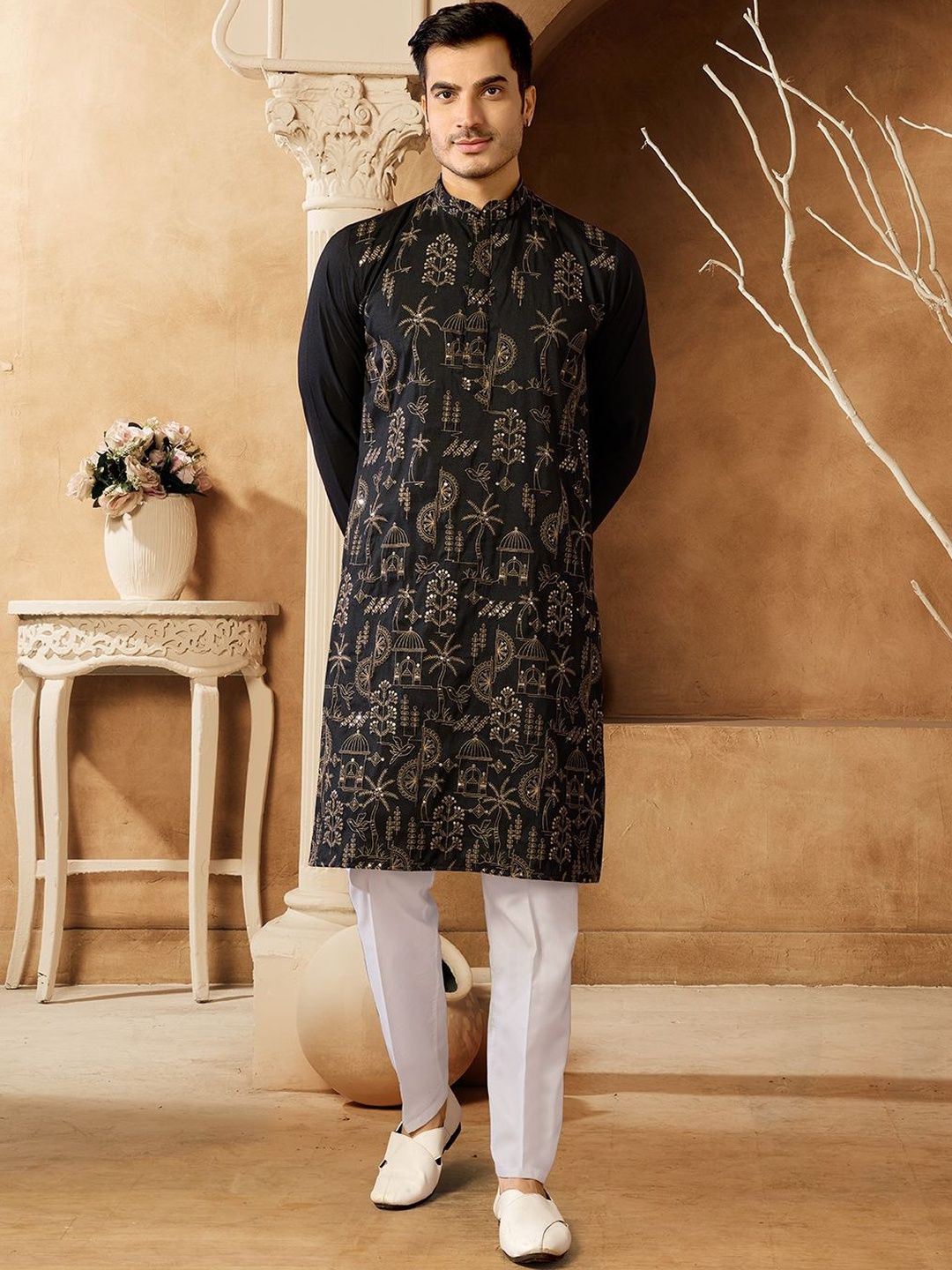 House of Pataudi Embroidered Mandarin Collar Calf Length Straight Kurtas