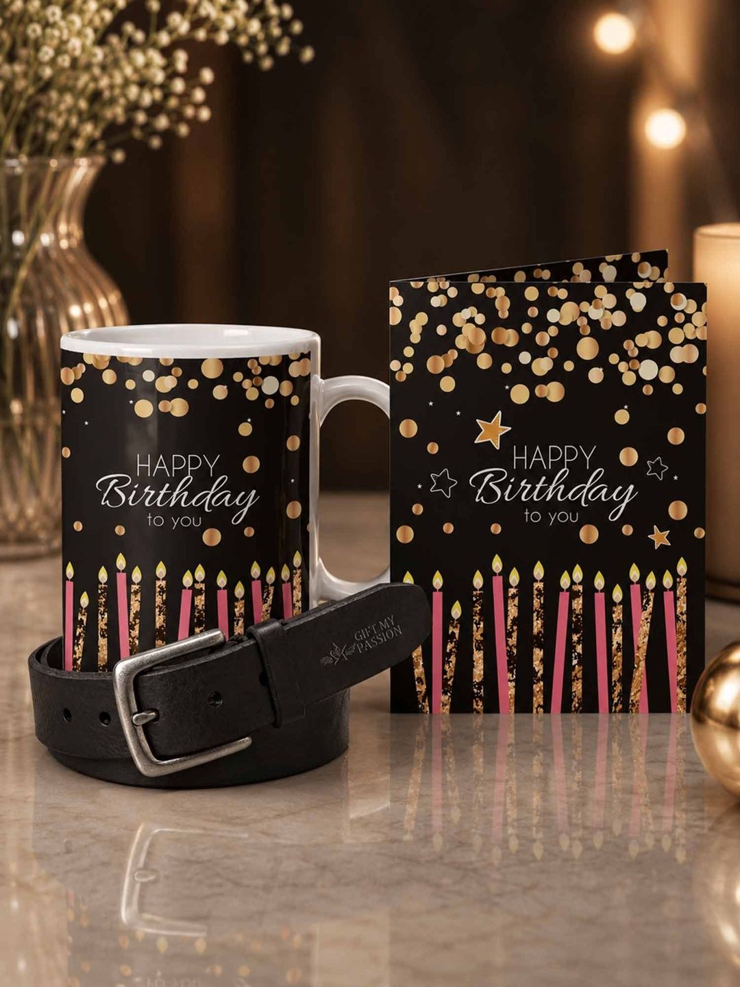 GIFT MY PASSION Set of 3 Belt Birthday Greeting Card & Coffee Mug - 350 ml