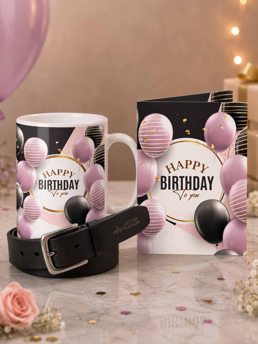GIFT MY PASSION Set of 3 Belt Birthday Greeting Card & Coffee Mug - 350 ml