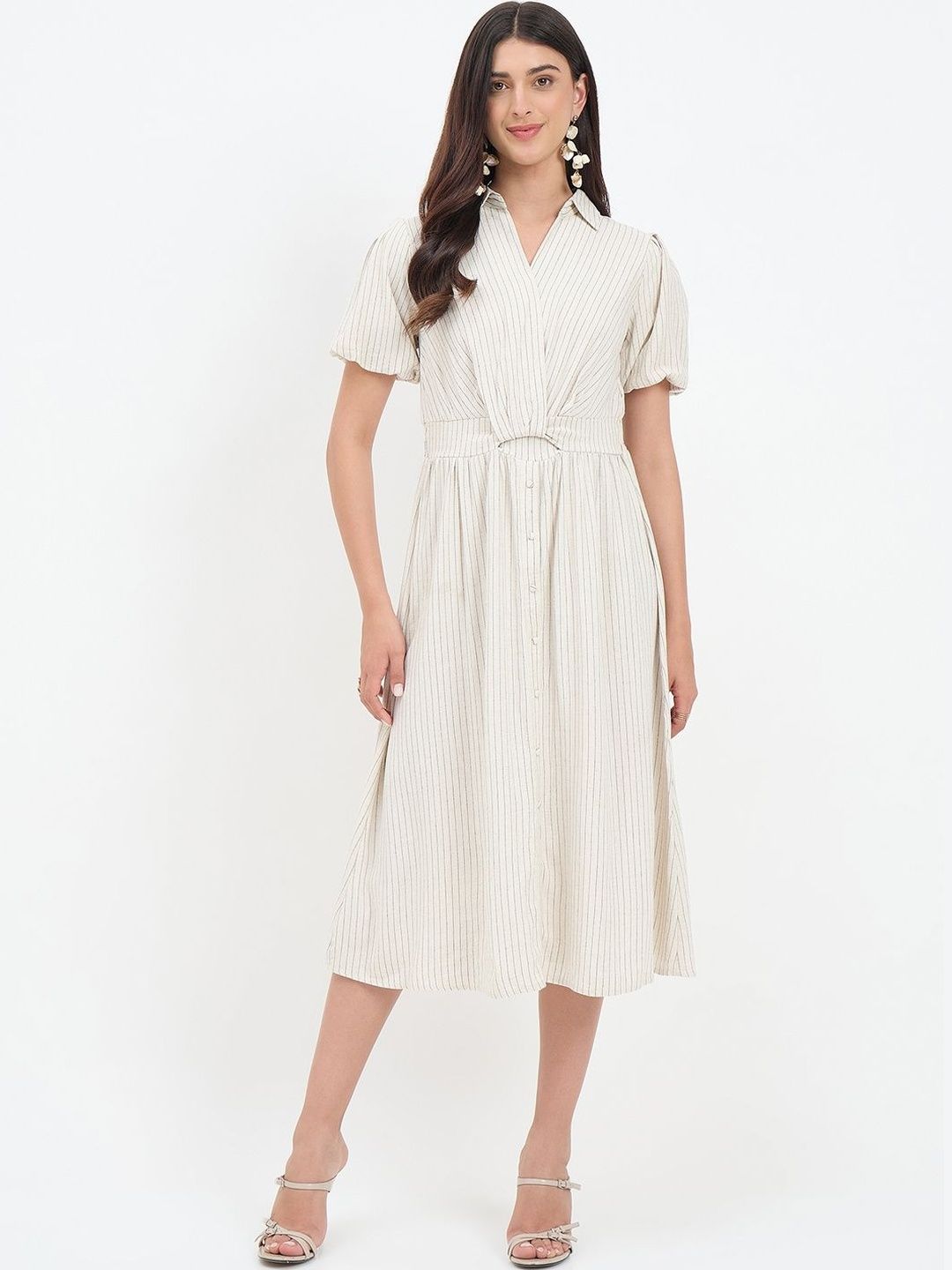 Madame Madame Striped Puff Sleeve Shirt Midi Dress