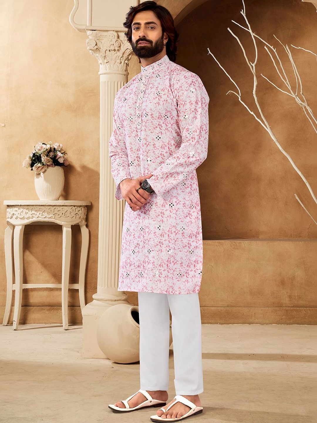 House of Pataudi Embellished Cotton Mandarin Collar Knee Length Straight Kurtas