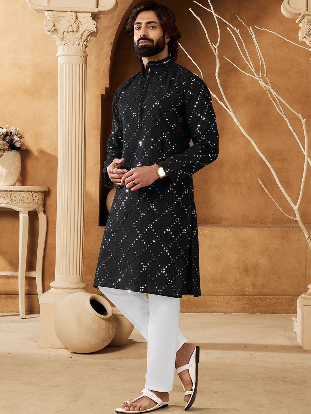 House of Pataudi Embellished Cotton Mandarin Collar Knee Length Straight Kurta