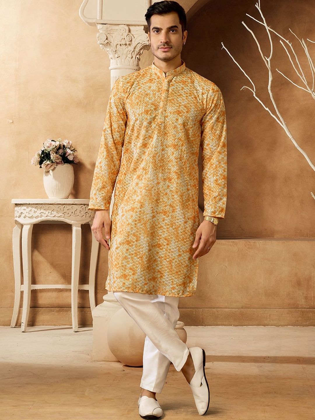 House of Pataudi Embellished Cotton Mandarin Collar Calf Length Straight Kurta