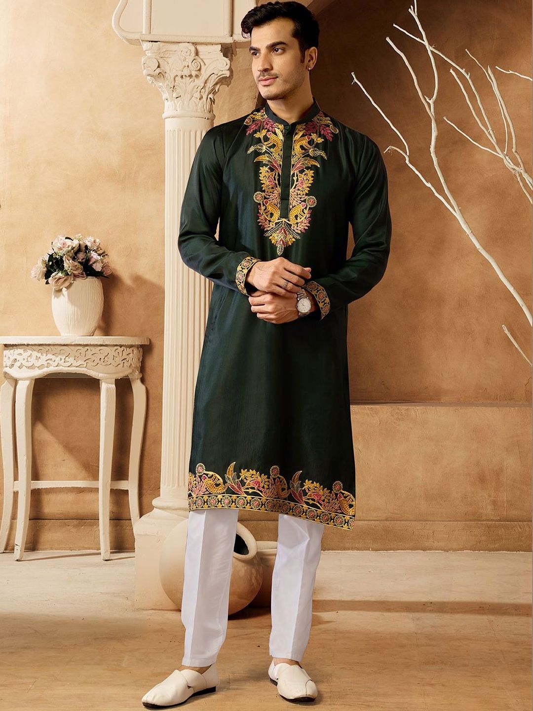 House of Pataudi Embroidered Cotton Mandarin Collar Calf Length Straight Kurta