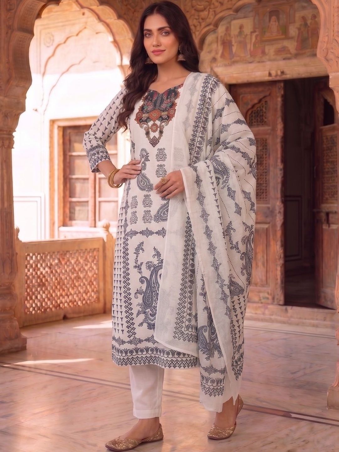 Women Printed Kurta with Trousers With Dupatta Inddus Women Ethnic Motifs Printed Regular Thread Work Kurta with Trousers & With Dupatta