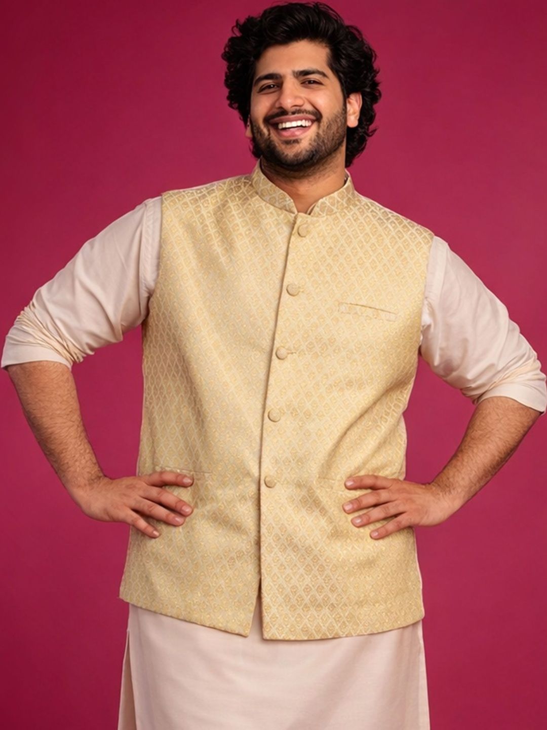 VASTRAMAY Woven Design Mandarin Collar Nehru Jackets
