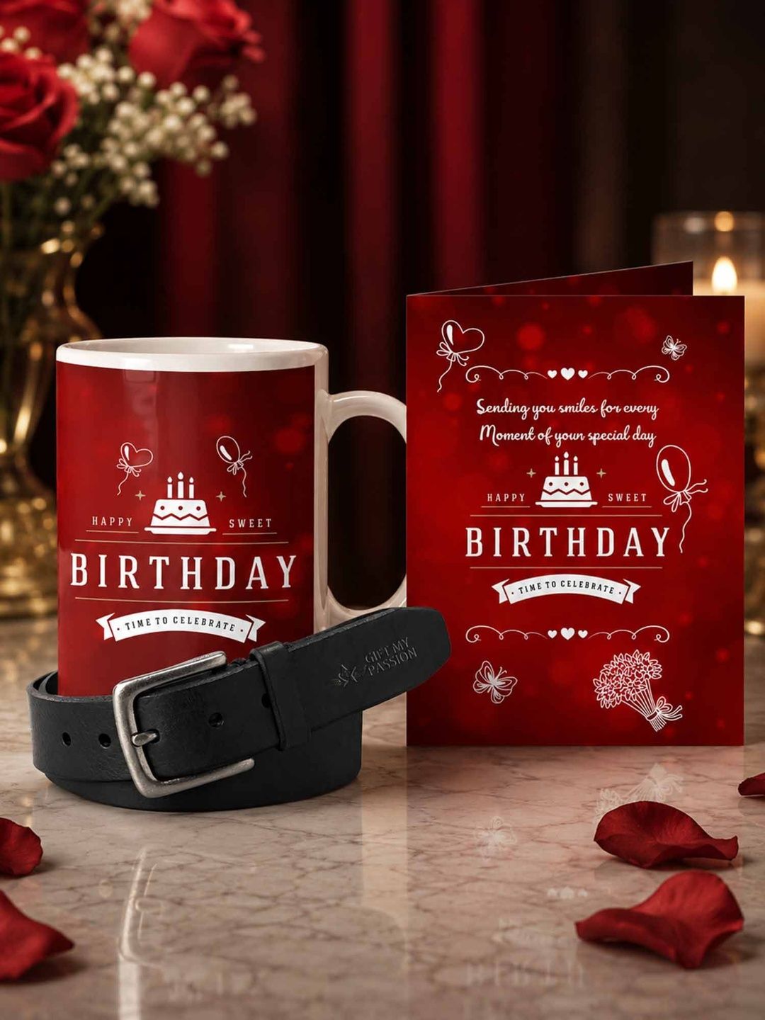 GIFT MY PASSION Set of 3 Belt Birthday Greeting Card & Coffee Mug - 350 ml
