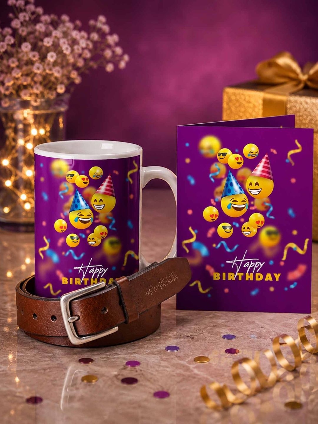 GIFT MY PASSION Set of 3 Belt Birthday Greeting Card & Coffee Mug - 350 ml