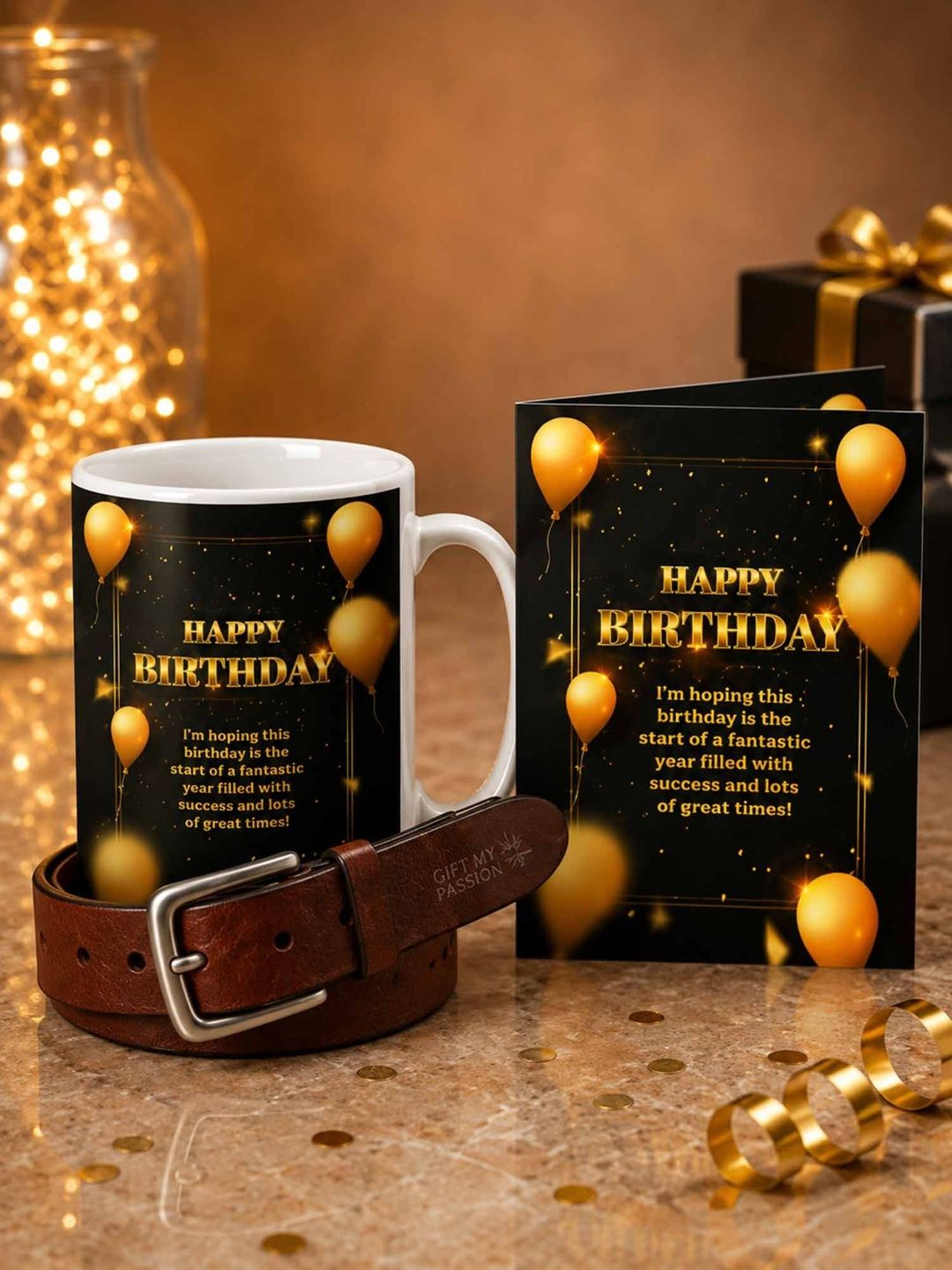 GIFT MY PASSION Set of 3 Belt Birthday Greeting Card & Coffee Mug - 350 ml