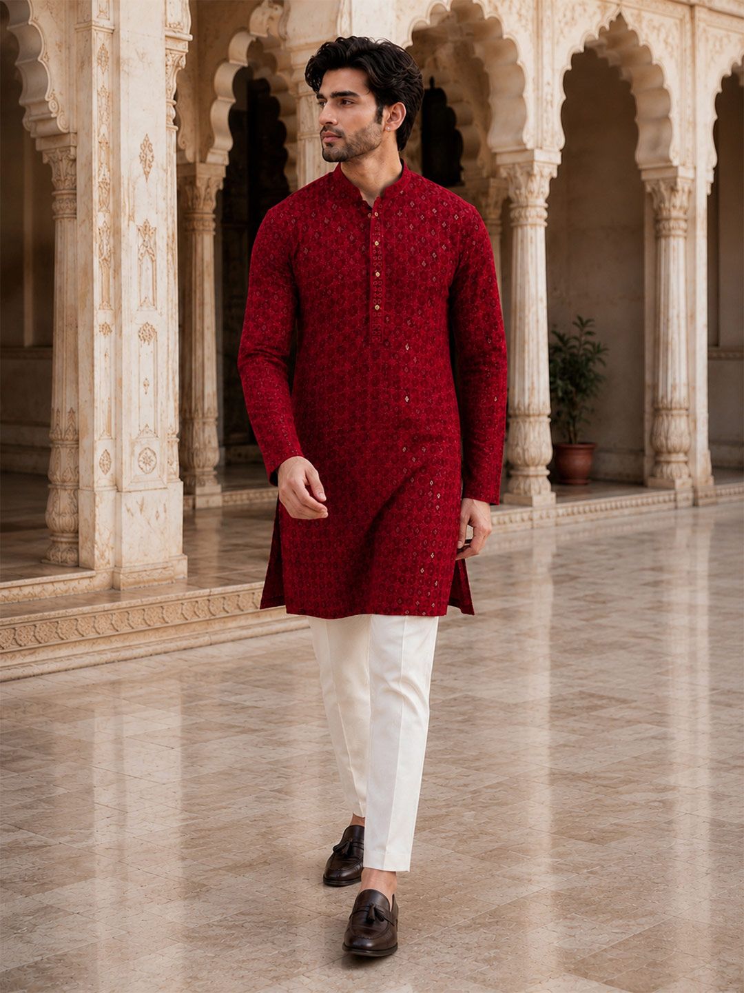 HERE&NOW Geometric Sequinned Embroidered Straight Kurta
