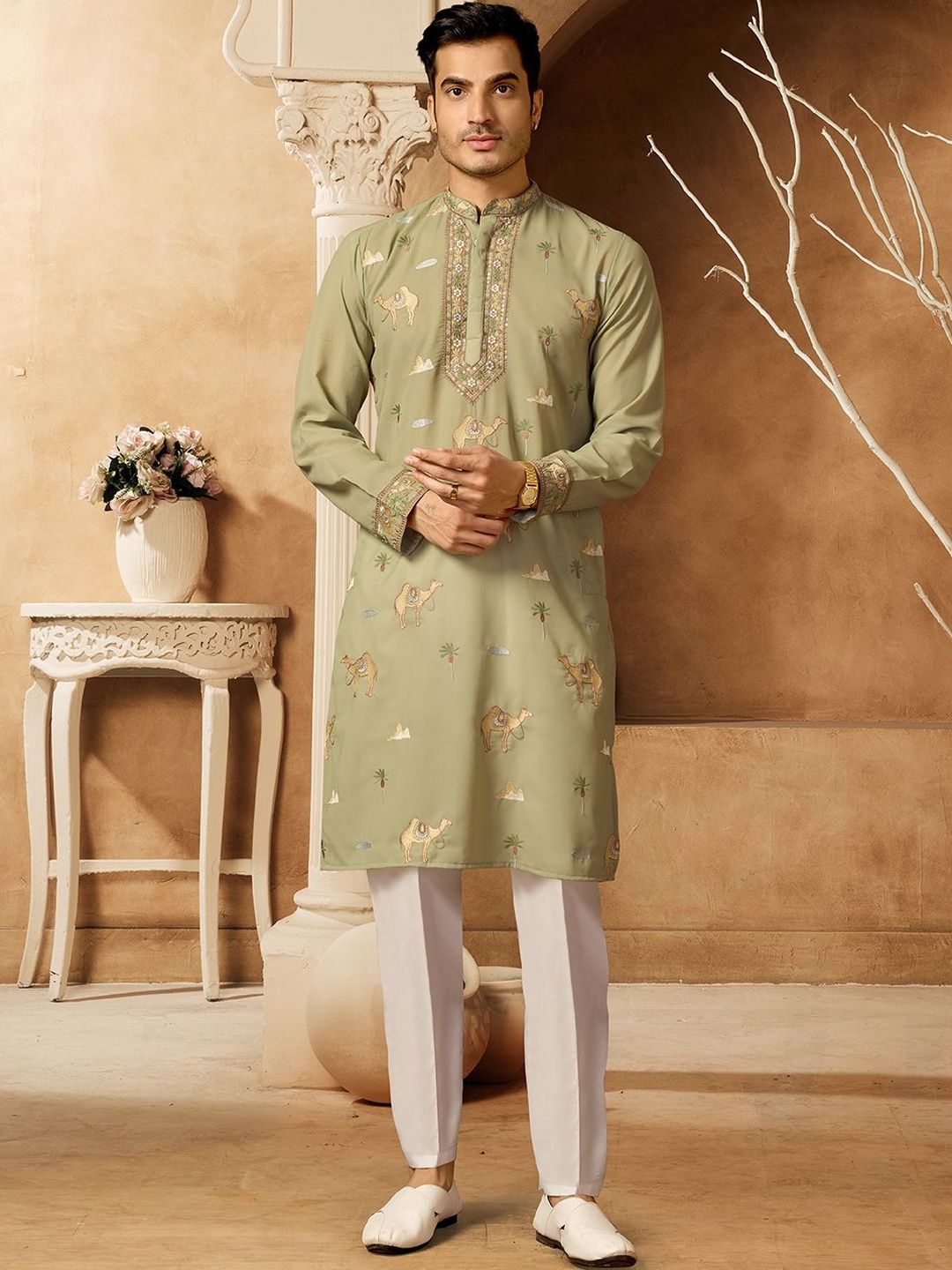 House of Pataudi Embroidered Cotton Mandarin Collar Calf Length Straight Kurtas