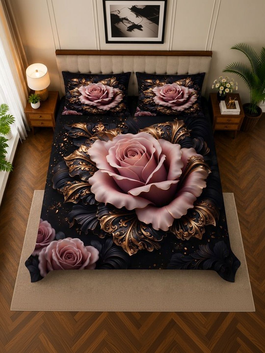 Myntra Elegant Homes Myntra Elegant Homes Black Floral 300 TC 7D Digital King Bedsheet with 2 Pillow Covers