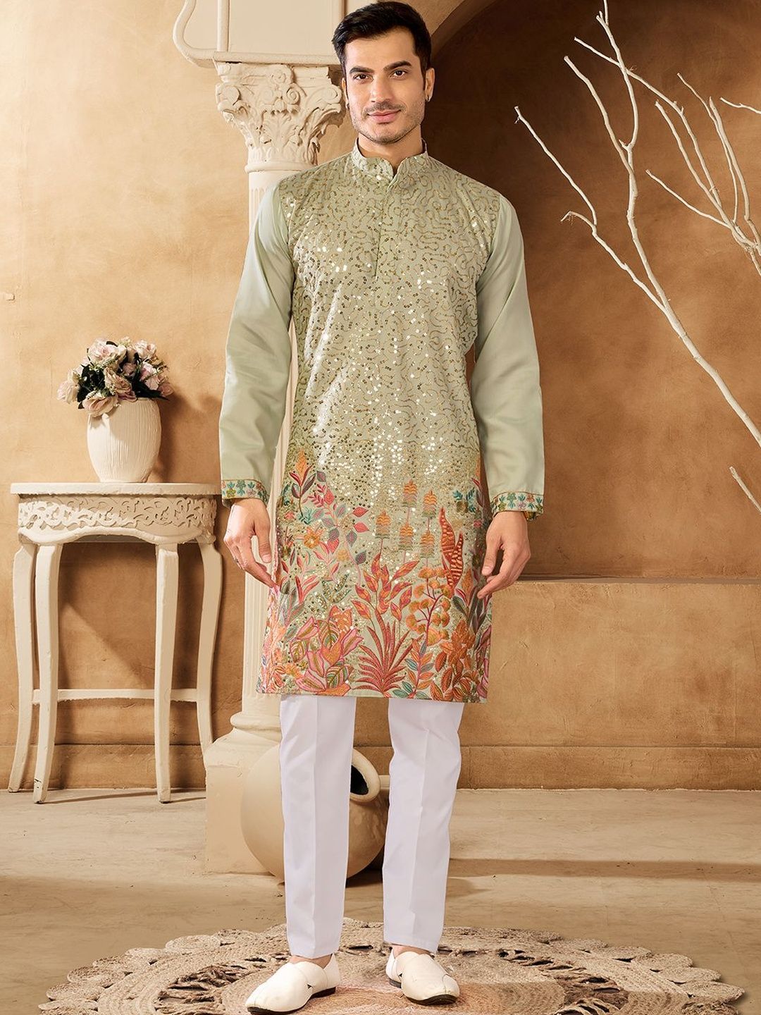 House of Pataudi Embroidered Cotton Mandarin Collar Calf Length Straight Kurtas