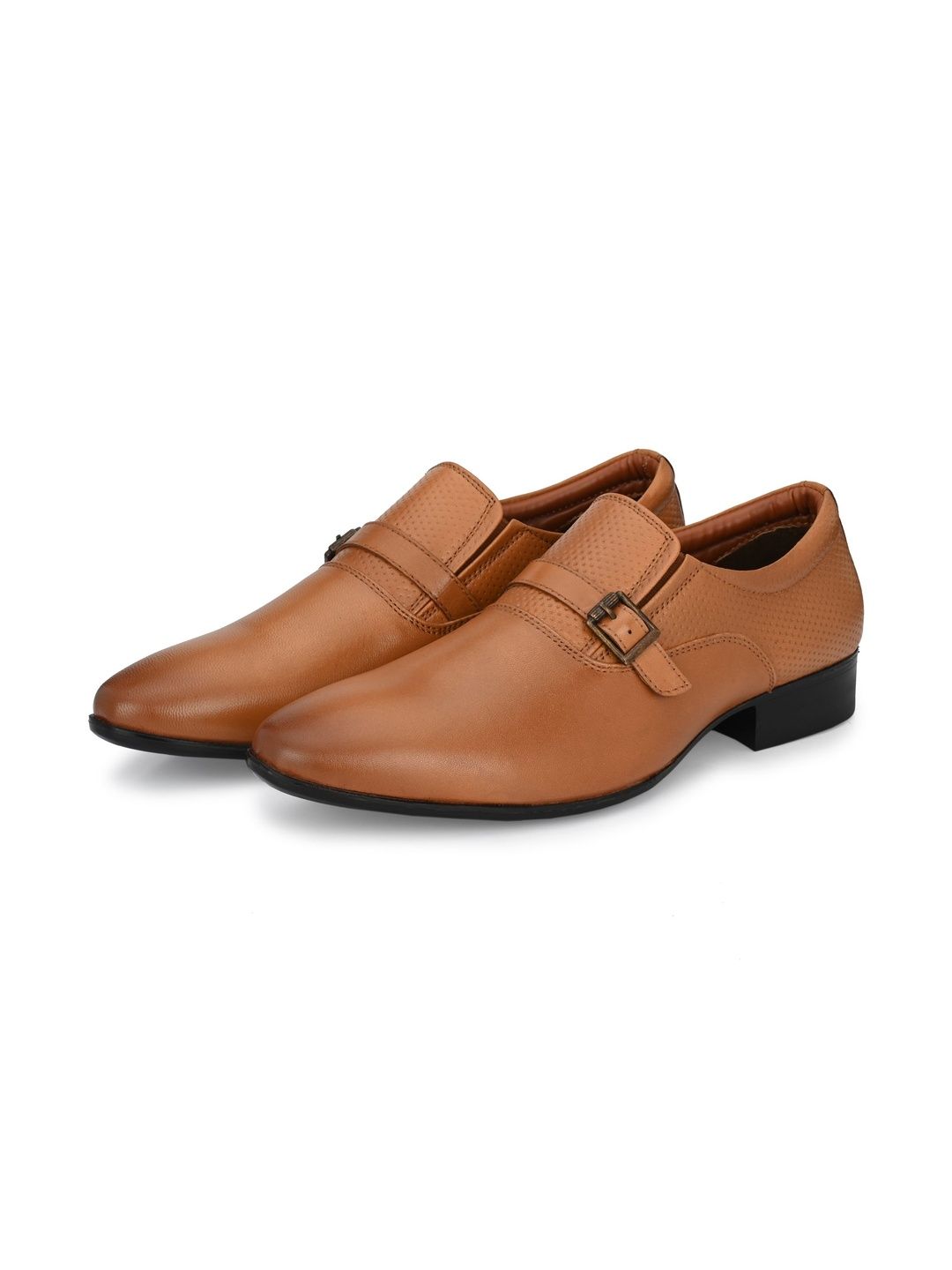 House of Pataudi Men Textured Leather Pointed Toe Buckle Monk Shoes Formal Shoes