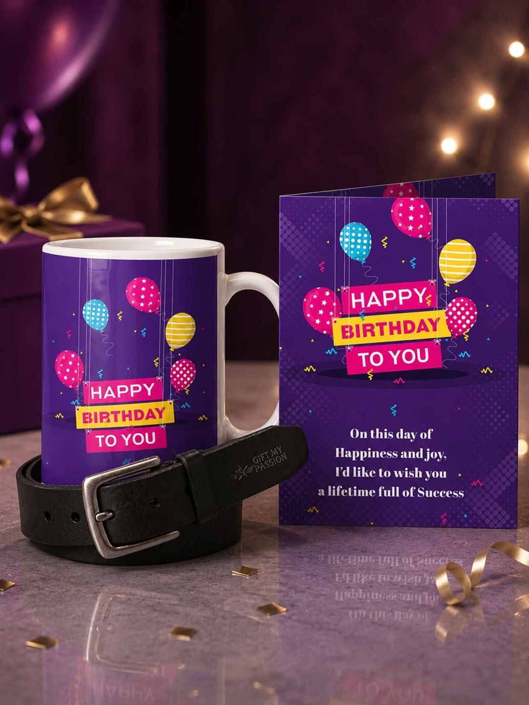 GIFT MY PASSION Set Of 3 Belt Birthday Greeting Card & Coffee Mug - 350 ml