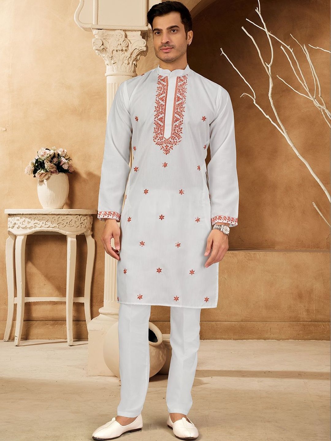House of Pataudi Embroidered Cotton Mandarin Collar Calf Length Straight Kurtas