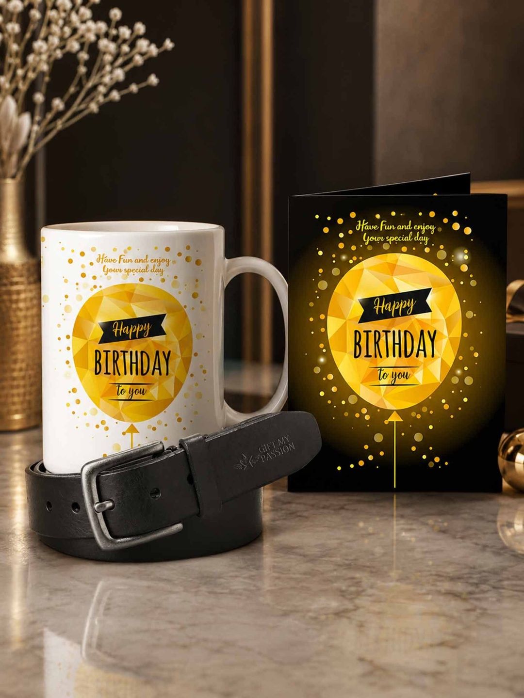 GIFT MY PASSION Set of 3 Belt Birthday Greeting Card & Coffee Mug - 350 ml