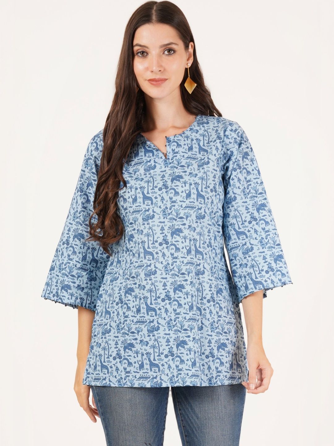 Sangria Abstract Printed Pure Cotton V-Neck Straight Kurti