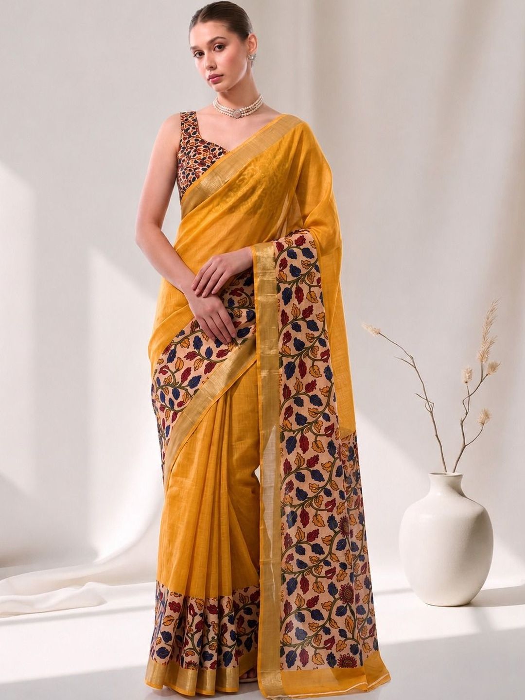 SZN SZN Floral Printed Khadi Saree With Unstitched Blouse