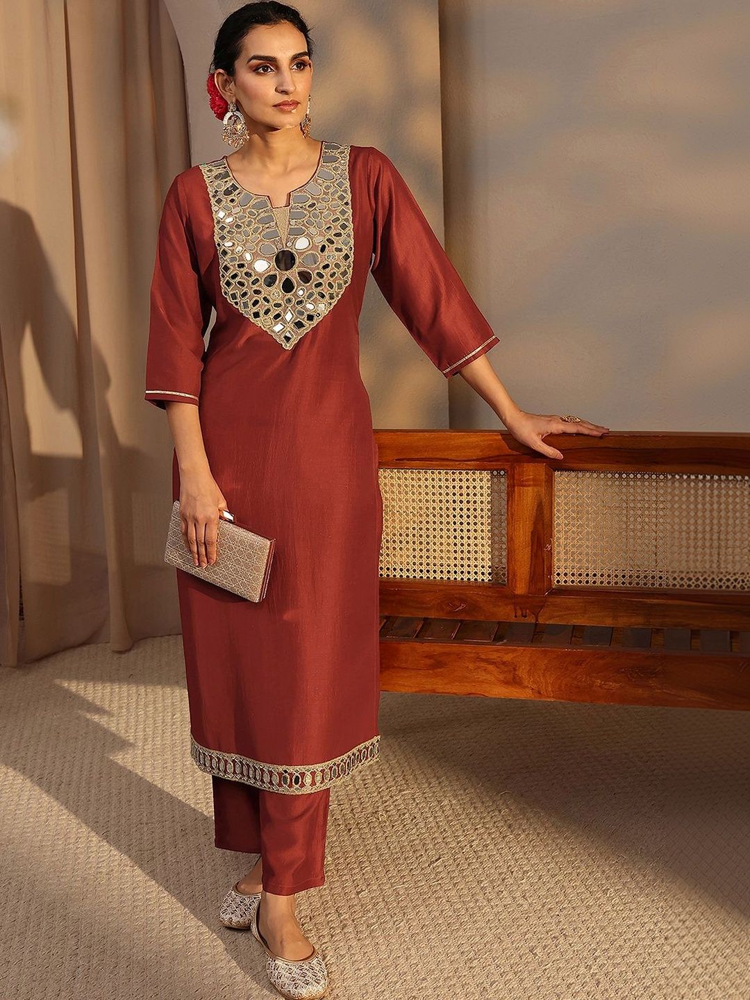 Libas Libas Rust Mirror Work Yoke Design Straight Kurta Set