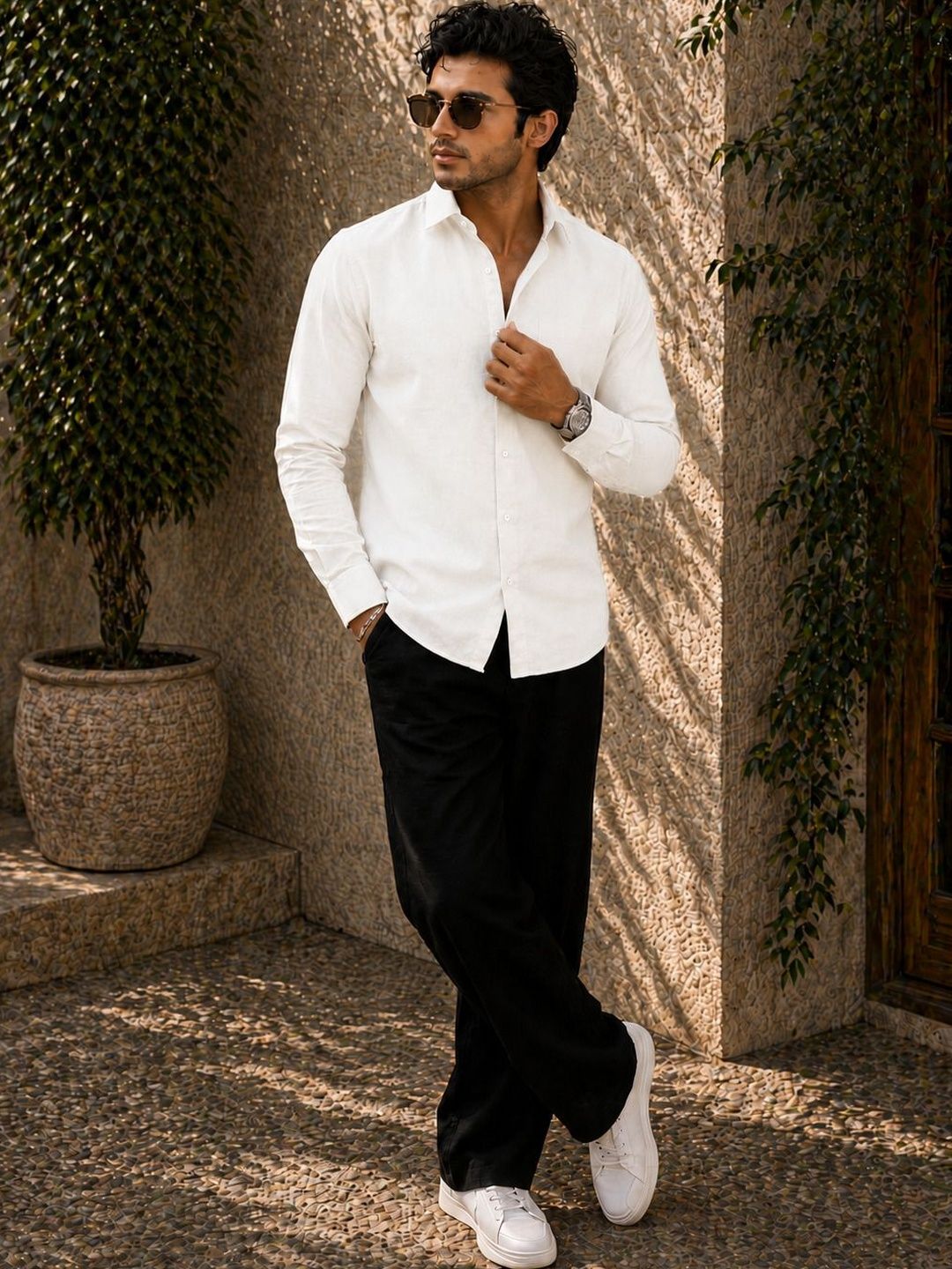 The Roadster Lifestyle Co Cotton Linen Spread Collar Shirt
