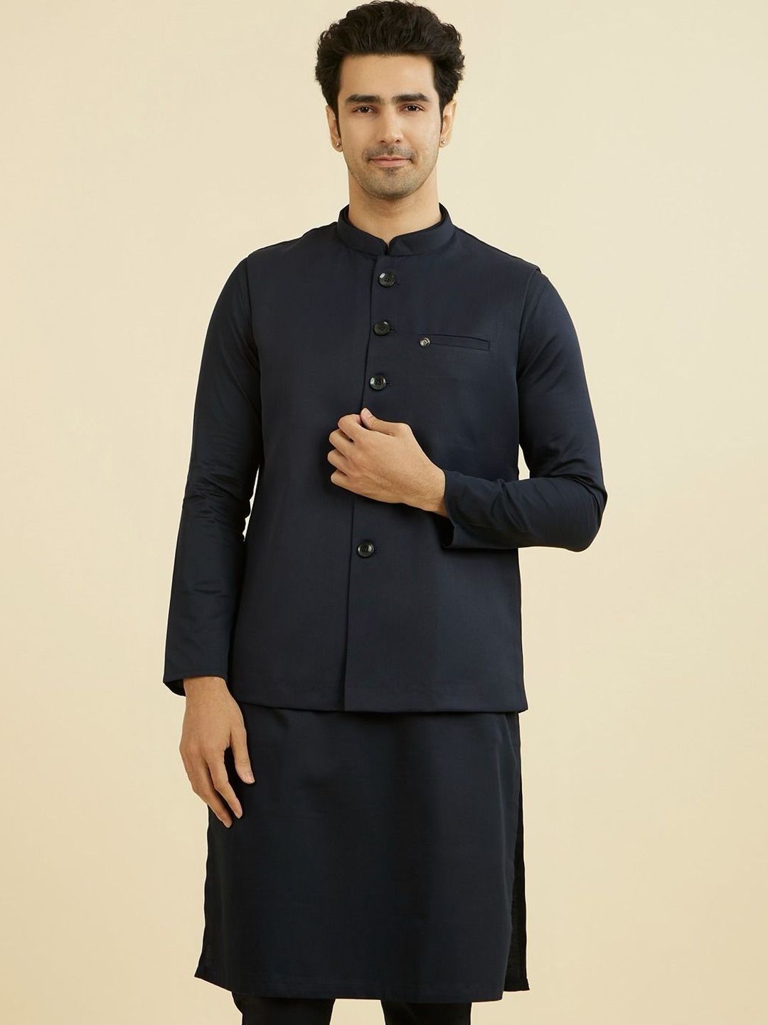 Manyavar Self Design Mandarin Collar Nehru Jackets