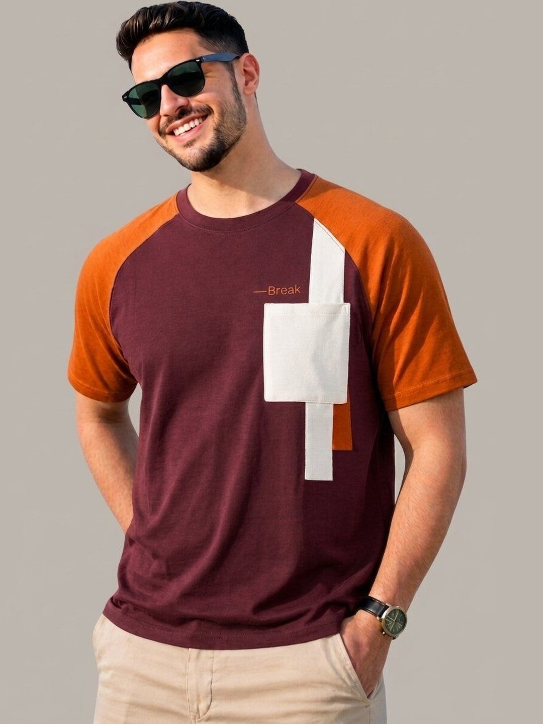 REYA Men Colourblocked Pockets T-shirt