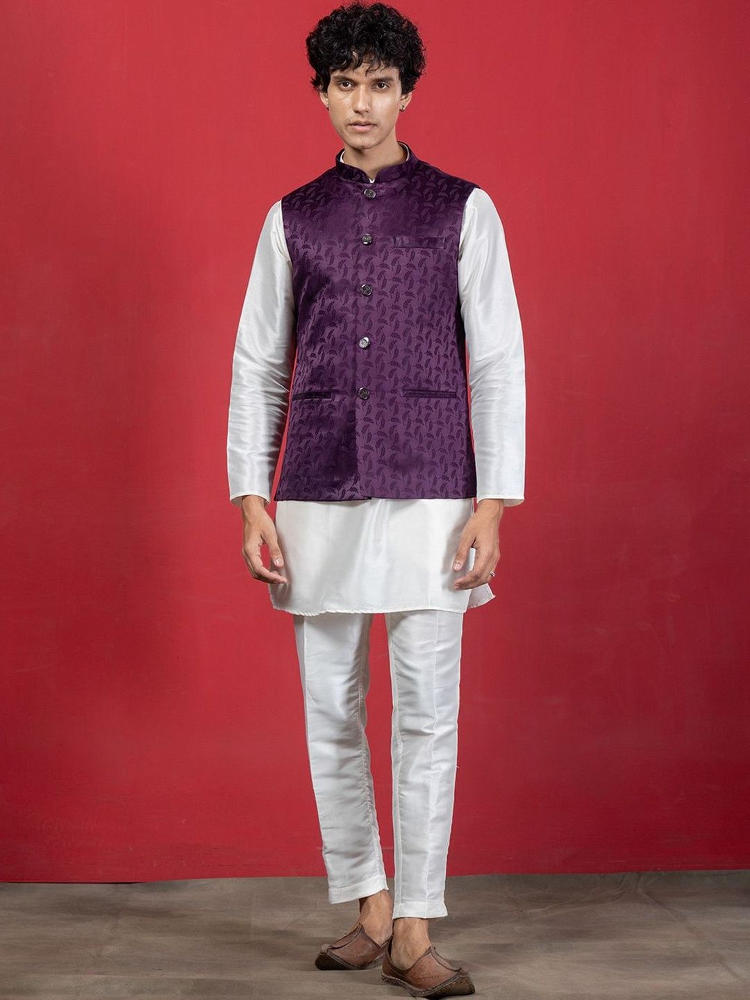 EKYAA Men Woven Design Mandarin Collar Nehru Jackets