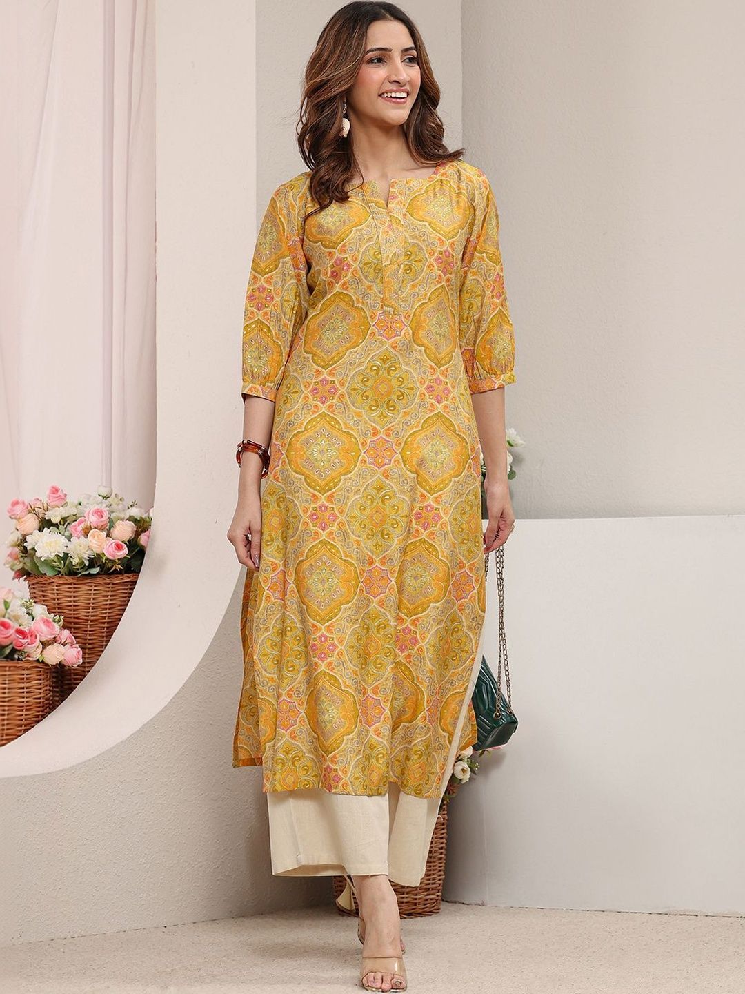 Libas Libas Yellow Bandhani Printed Straight Kurta