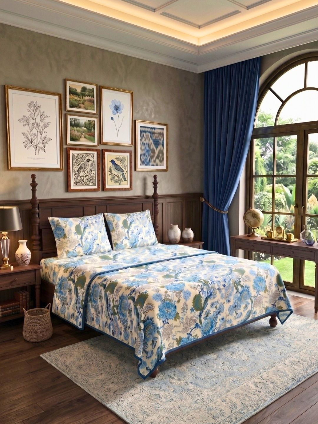 JAIPUR FABRIC Grey & Blue Ethnic Motifs Cotton 4 Piece Double Queen Superfine Bedding Set