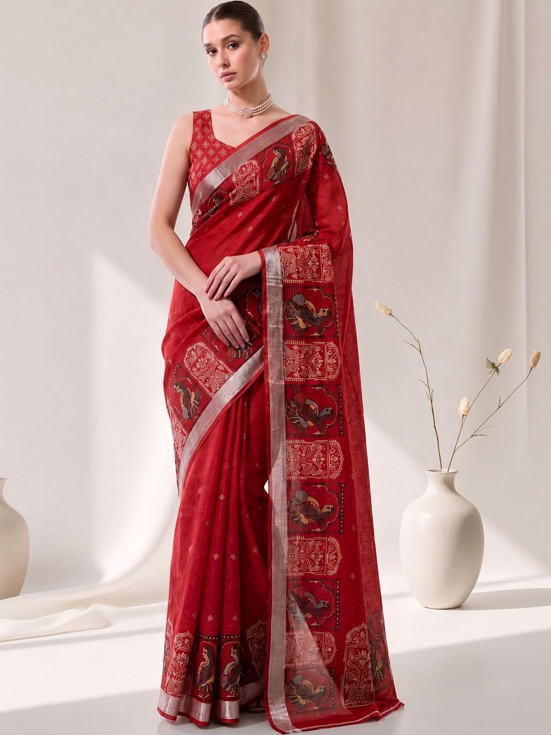 SZN SZN Floral Printed Linen Khadi Saree With Blouse Piece