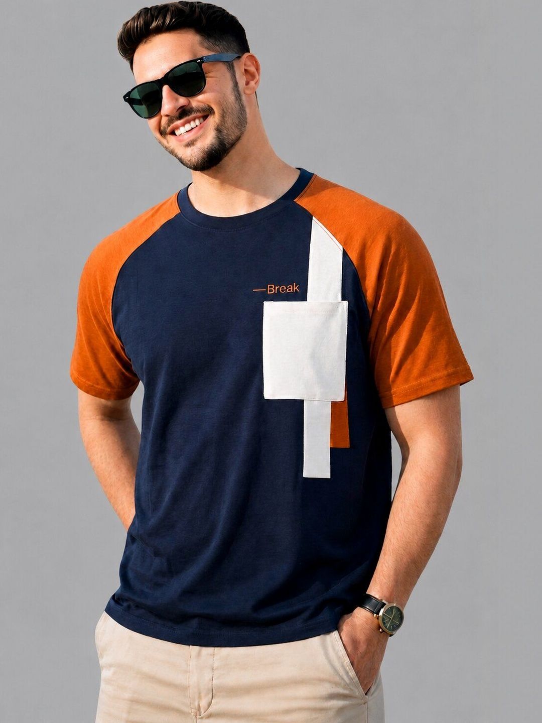 REYA Men Colourblocked Pockets T-shirt