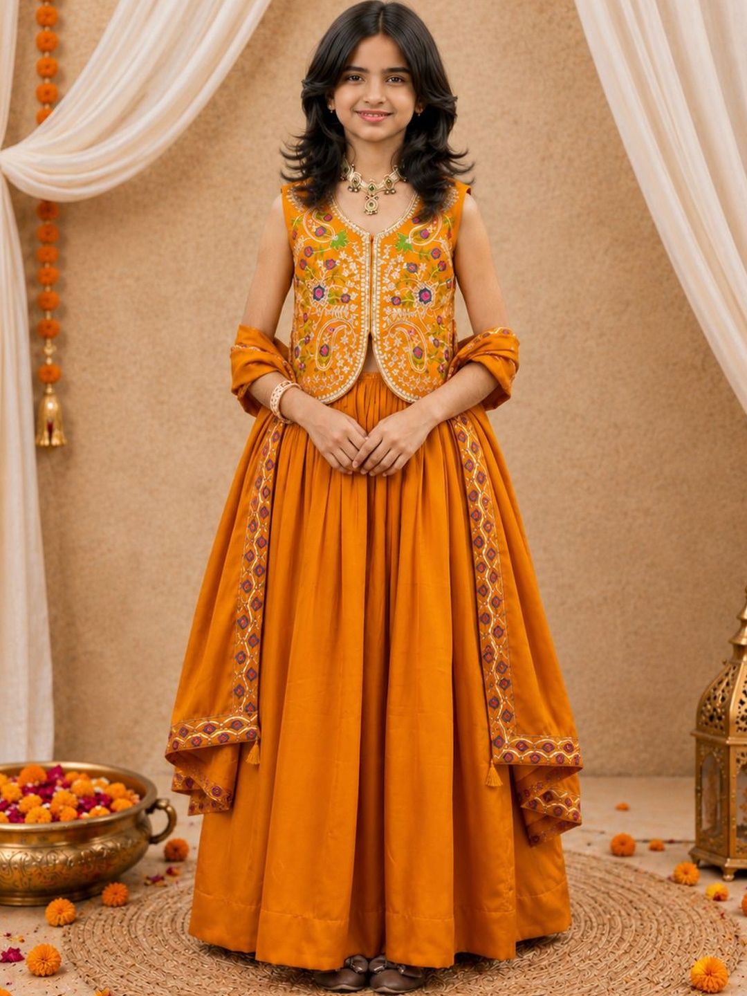 Sangria Embroidered Satin V-Neck Flared Lehenga Choli