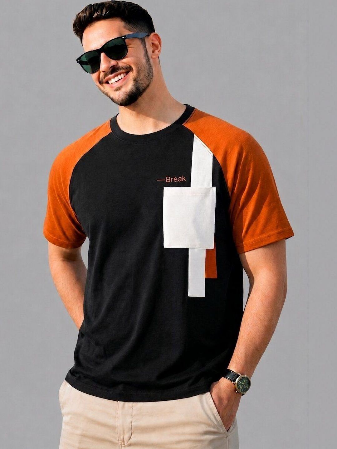REYA Men Colourblocked Pockets T-shirt