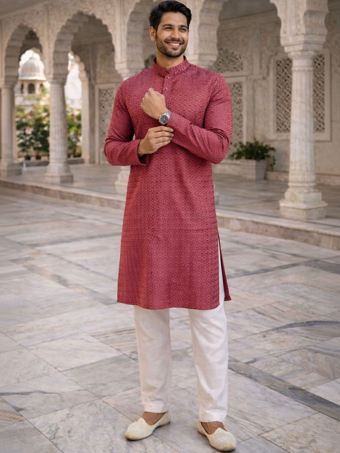 SOURAGYA Woven Design Mandarin Collar Straight Kurta