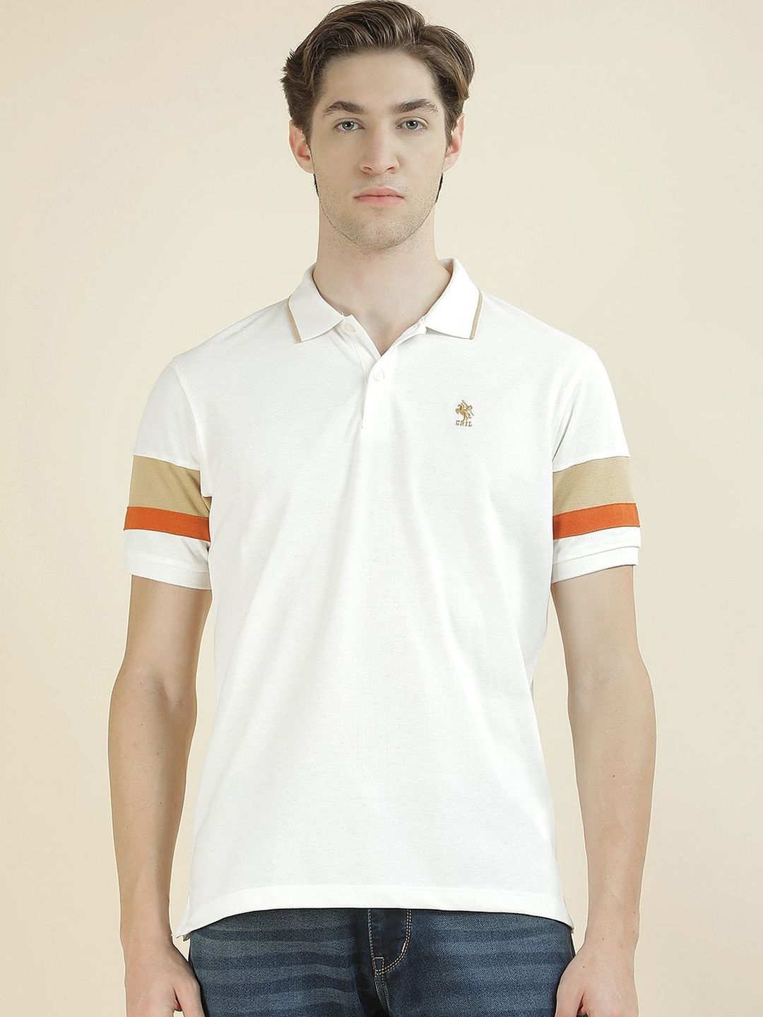 Cantabil Men Brand Logo Colourblocked Polo Collar Pockets T-shirt